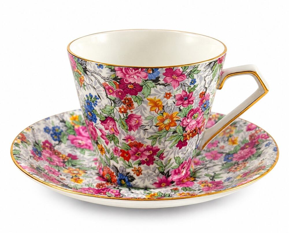BCM Nelson Ware Chintz Floral Teacup & Saucer England Pink Blue Gold Trim